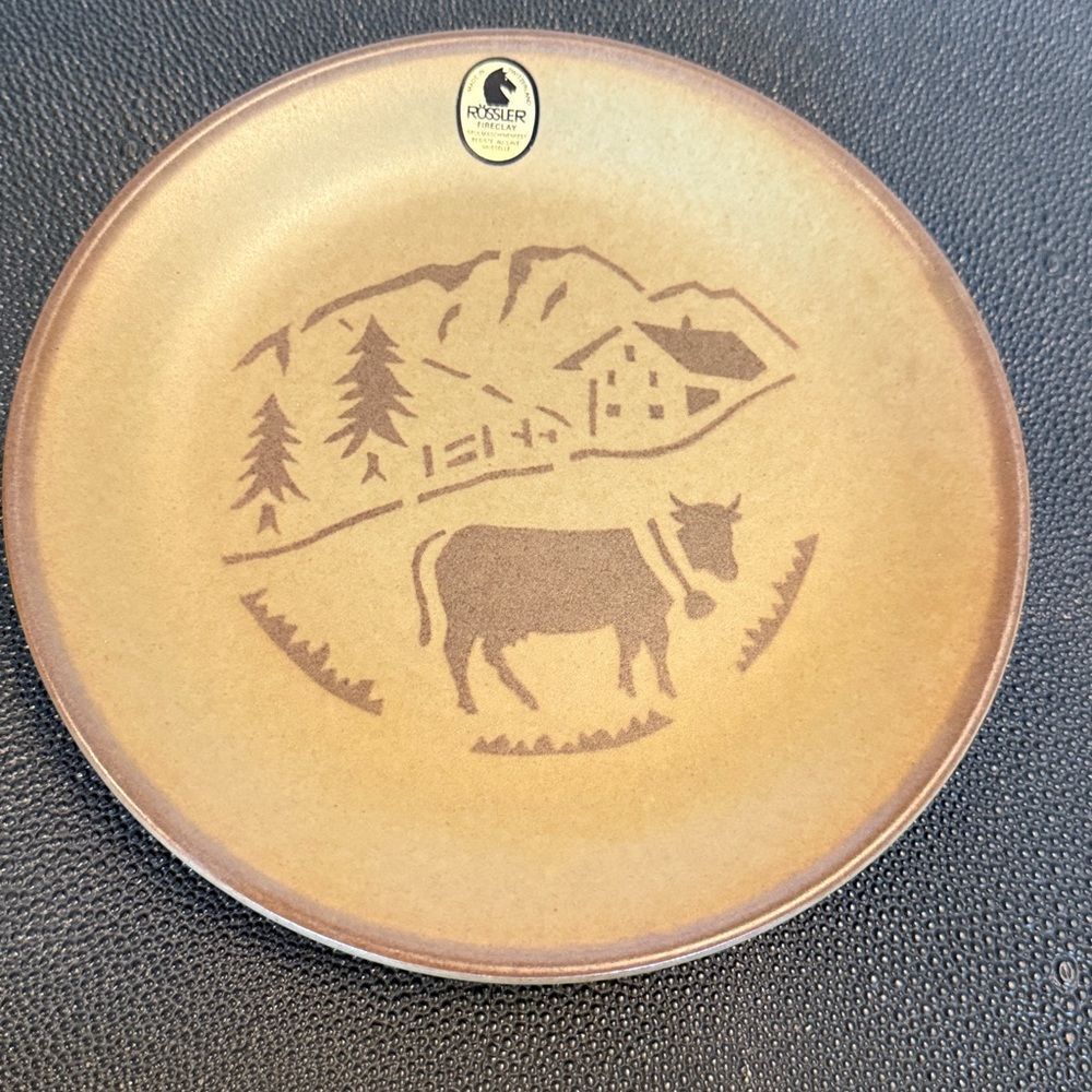Rössler FireClay Brown Decorative Plate with Cow and Swiss Alps Design
